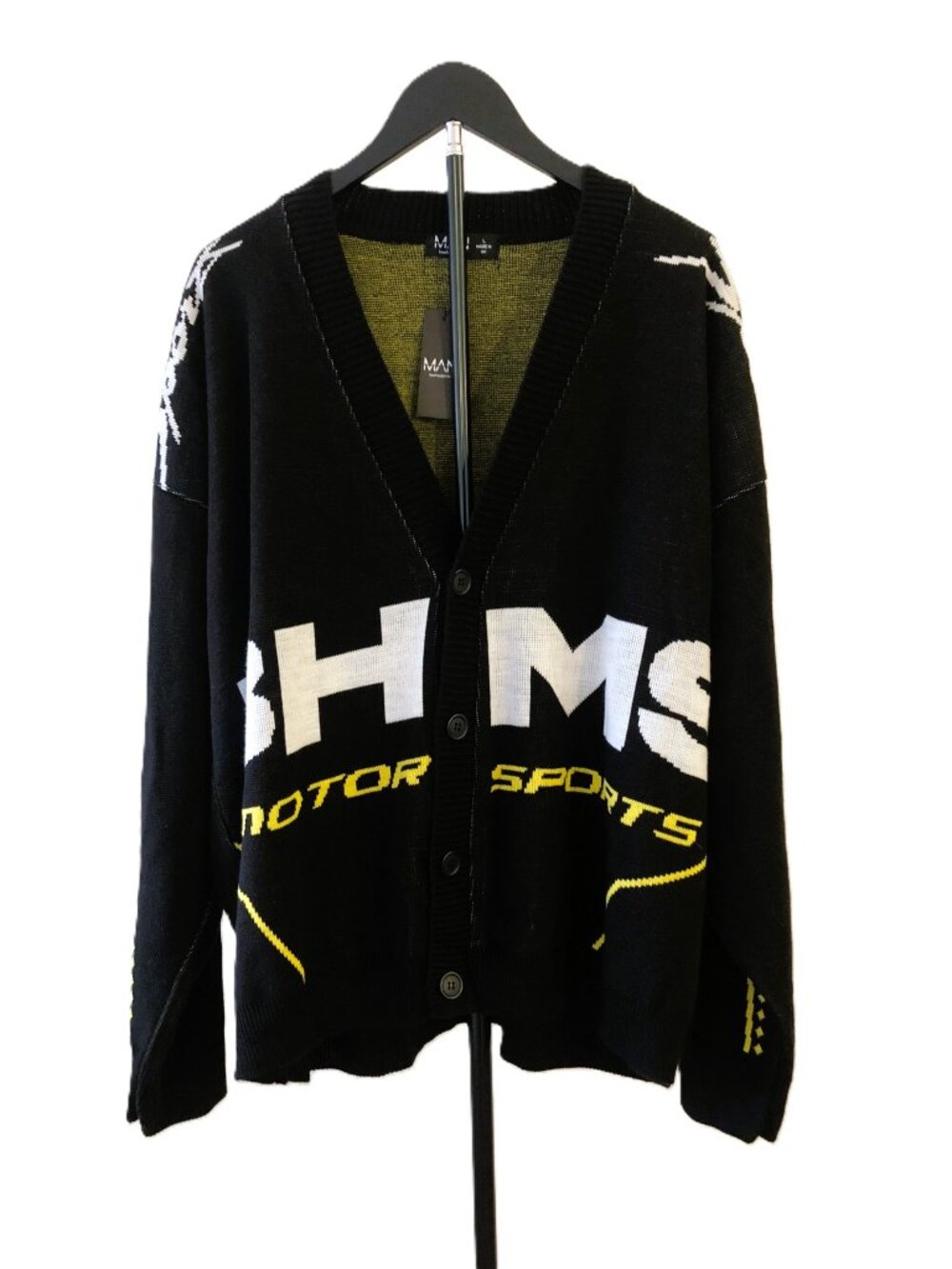 BooHooMAN Oversized Boxy Moto Knitted Cardigan Sweater Made in UK Size L Black